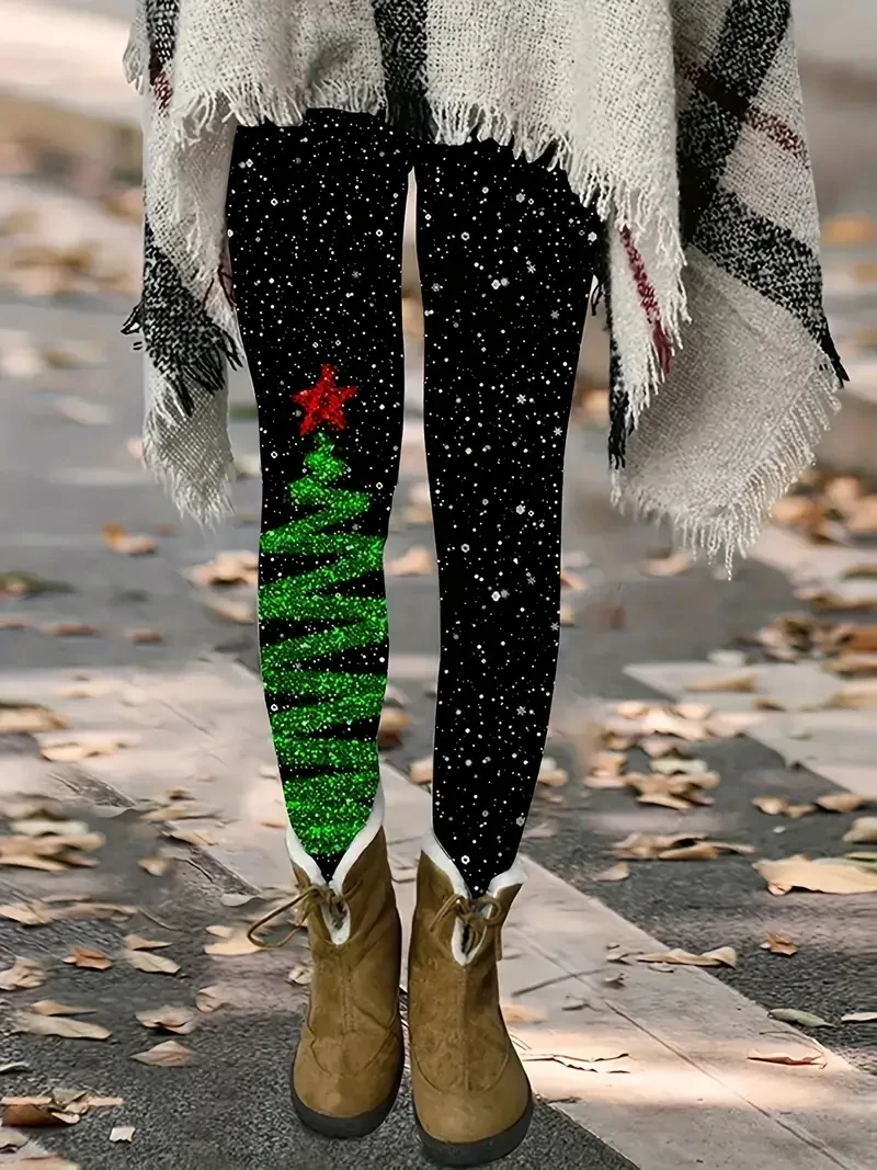 New Christmas Tree & Snowflake Print elasticated waist tight fit Casual women's leggings Christmas atmosphere