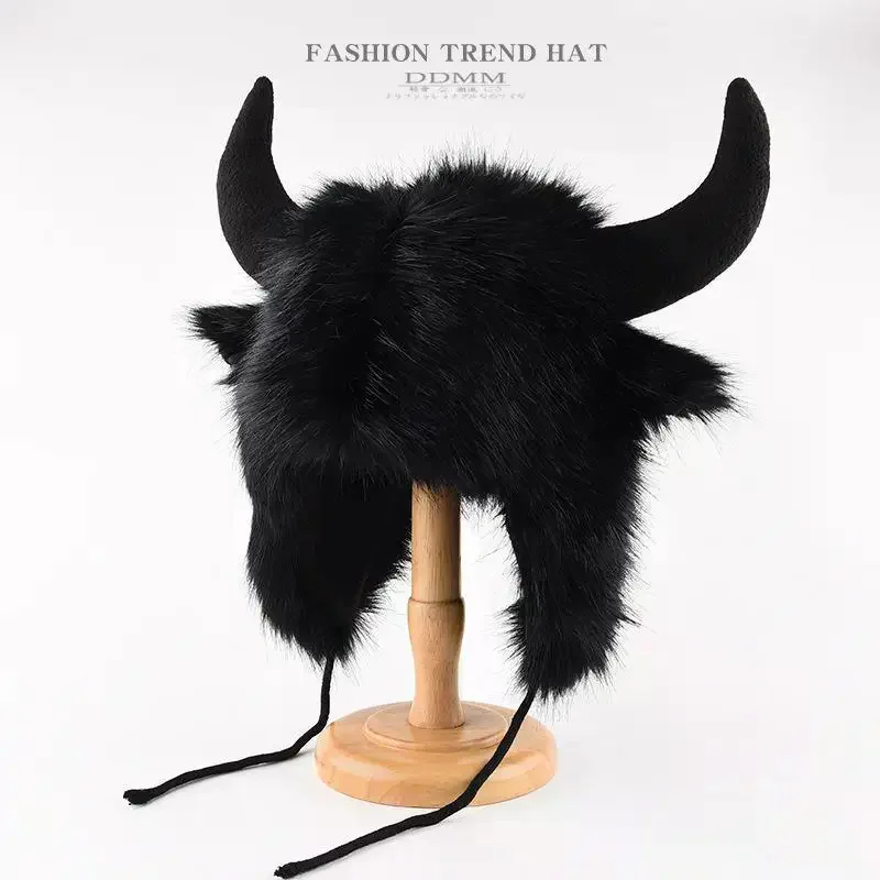 /HTF/Quality Unisex Bullhead Hat With Horns Fluffy Bison Hat Thick Windproof Funny Hat High