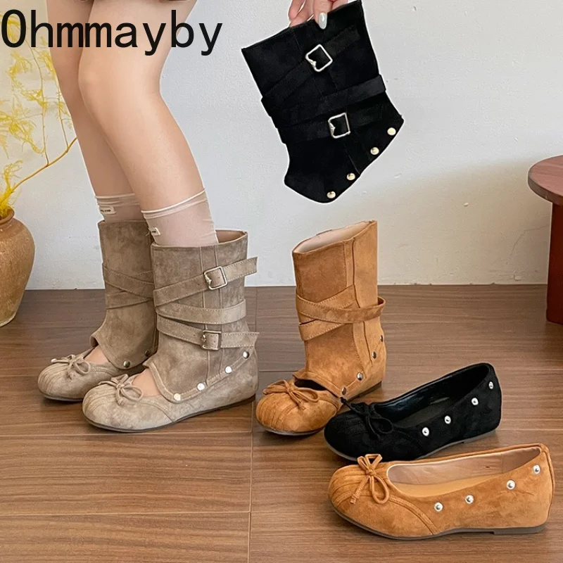 Vintage Hollow Out Sandals Boots Women's Multi Buckle Strap Internal Elevation Shoes Autumn Concise Slip On Western Short Boots