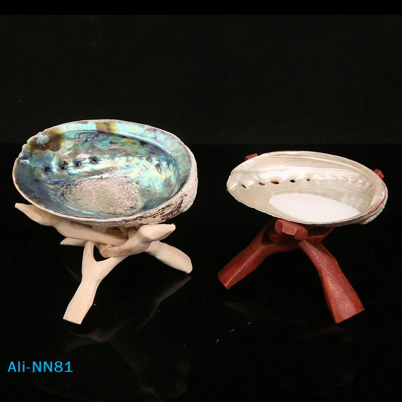 【N】Vintage Wooden Tripod Stand Abalone Shells Crystal Balls Display Stand For Beach Themed Home Decor