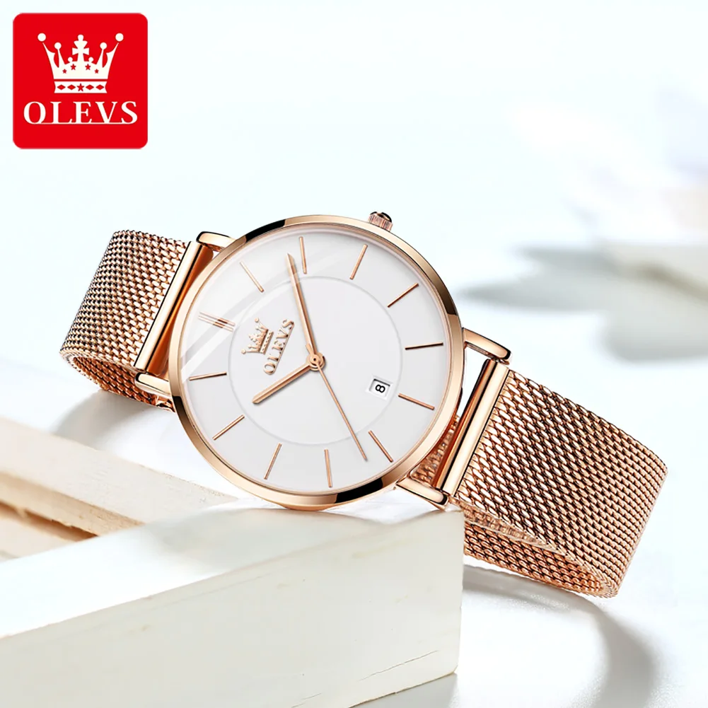 Olevs 6.5Mm Ultra Dunne Horloges Voor Vrouwen Rose Goud Roestvrij Staal Waterdichte Dames Horloges Grote Gezicht Quartz Horloge Gift doos