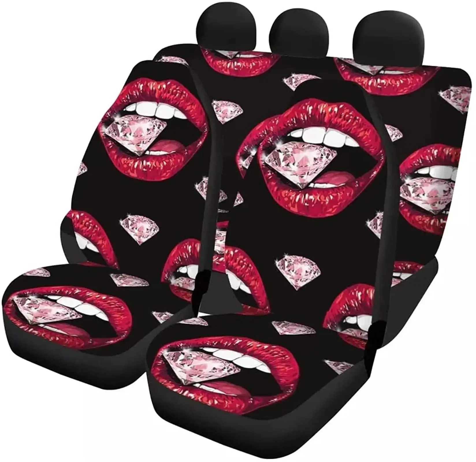 Car Front + Back Five Pieces Cushion Cover Sexy Lips Butterfly Full Print Front and Rear Car Seat Cover Elastic Seat Decoration