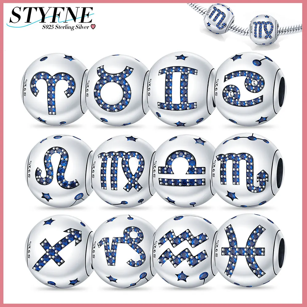 

925 Sterling Silver 12 Constellation Round Charms Bead Fit 925 Original Bracelets Fine DIY Birthday Jewelry for Women Gifts