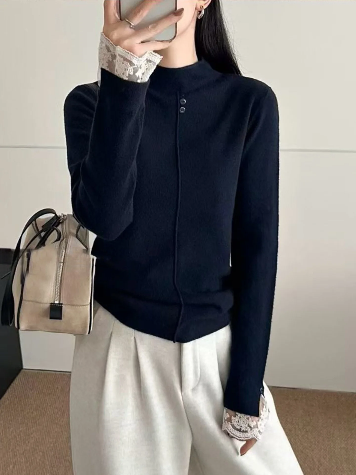 

Ele Lazy Sle Long Sve Lace Patchwork Knitted Top f High Collar Crew Ne Pullover Autumn Winter Basic irt for W...