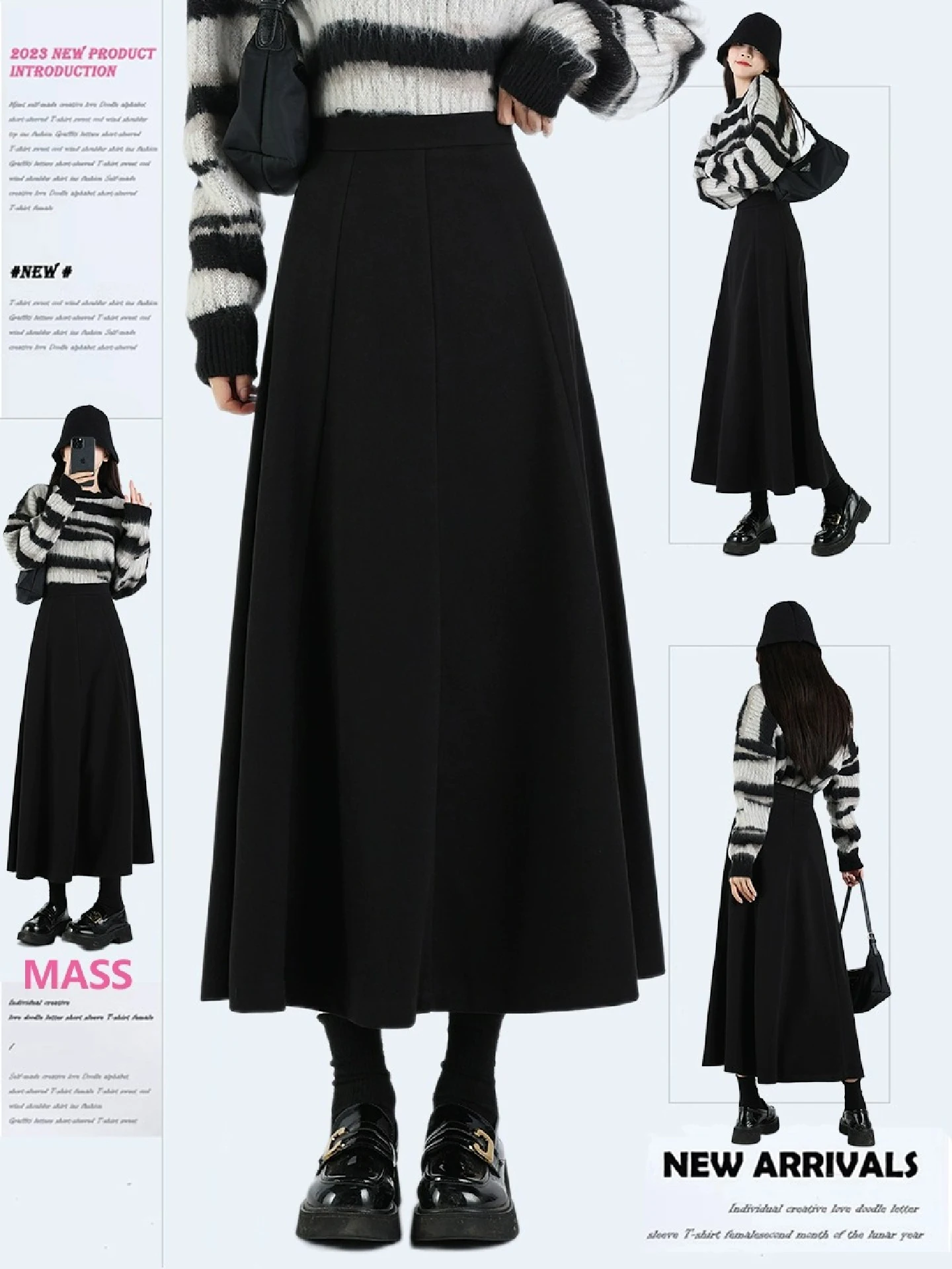 

High Waist A-Line Long Skirt Women's Bla Woolen Commute Sle Polyester Filled High Waist Umbrella Skirt Spring Autumn Winter