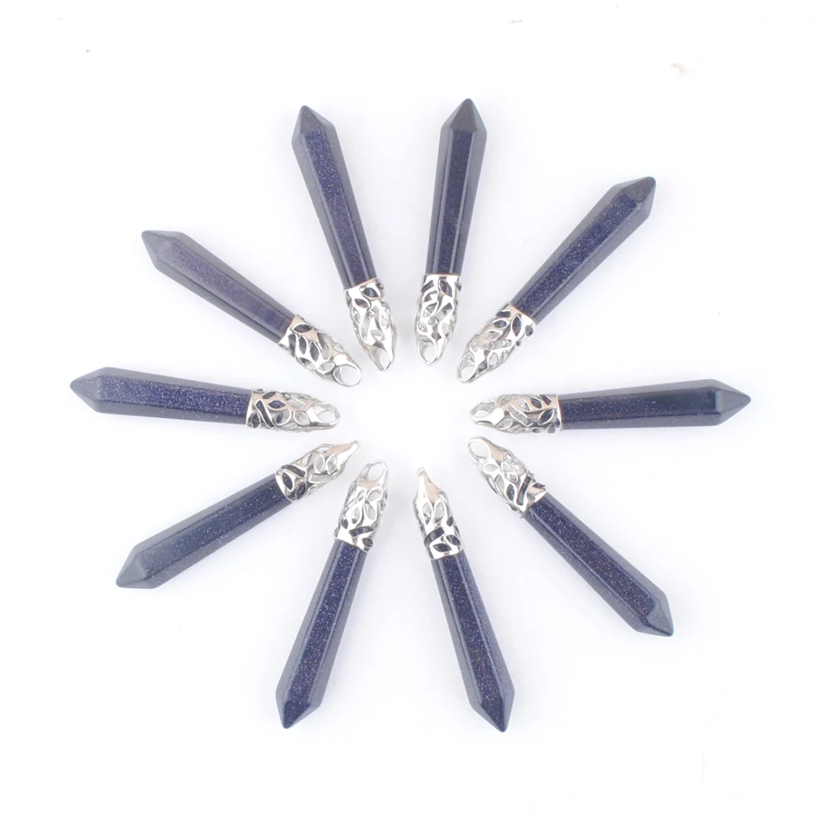 

New Arrivals Natural Blue Sand Gemstones Pendants Hexagonal Pillar Stone Charm Pointed Reiki Chakra Dangle Jewelry 10Pcs DN3019