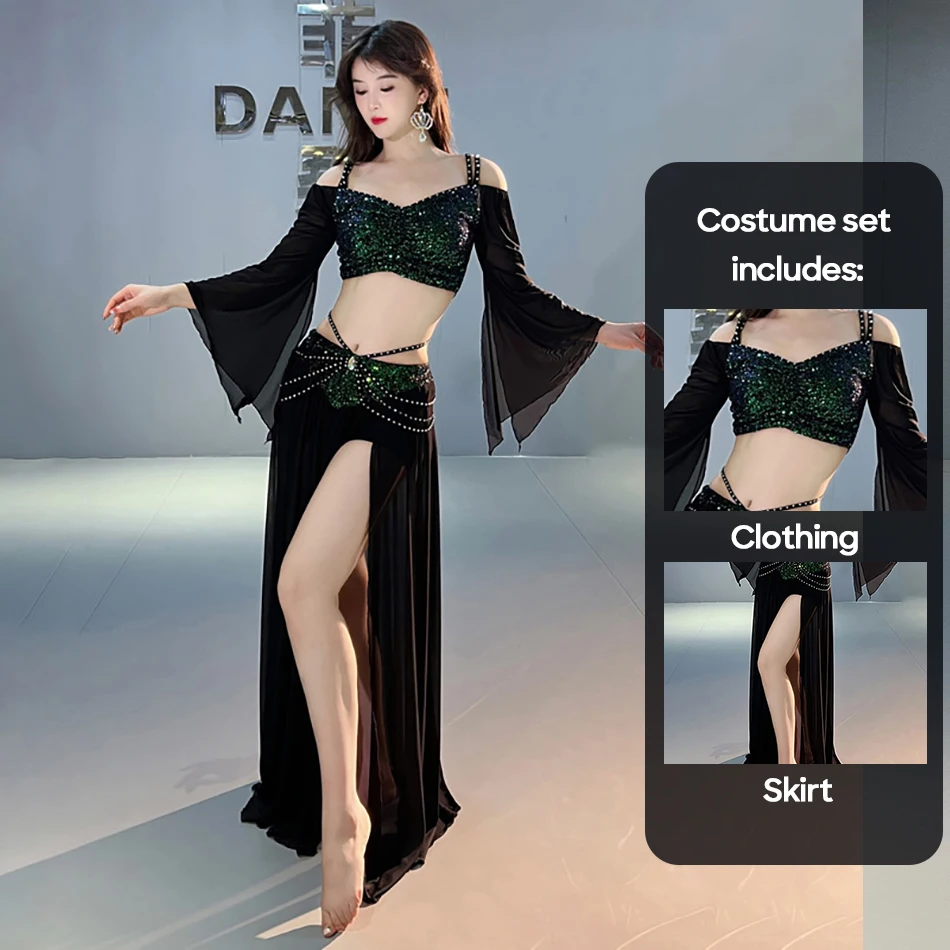 Belly Dance Sexy Costume 2 Pieces Set Top And Skirt Sequin Mesh Practice Clothes For Adult Women Stage Performance Worksuit