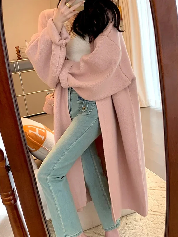 Korean Pink Knitted Mid-length Cardigan Loose Elegant Women Sweaters Casual Long Sleeve Tops Spring Fall Fashion Knitwear Coats