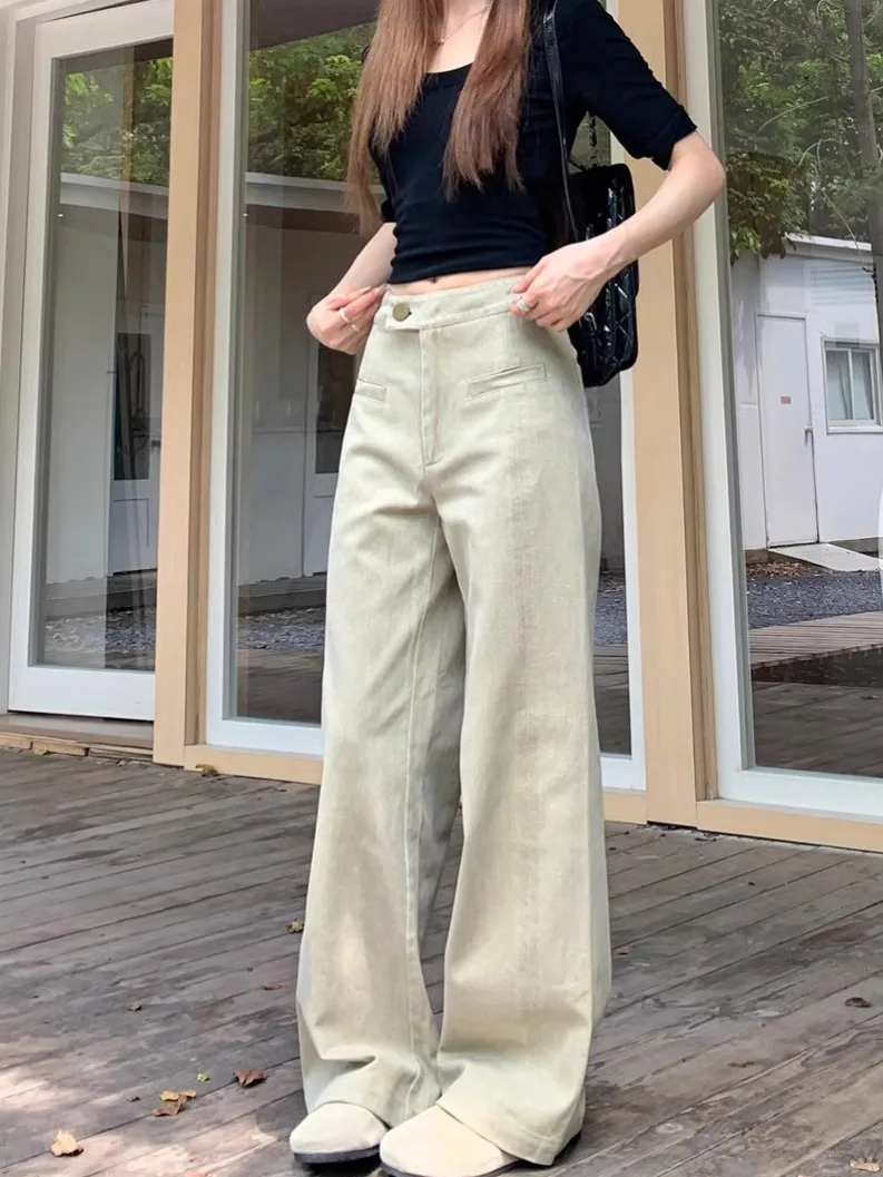 High Waist Wide Leg Casual Pants Women's Summer Loose Slimming Versatile Grey Green High Waist Loose Fit Straight Leg Trousers