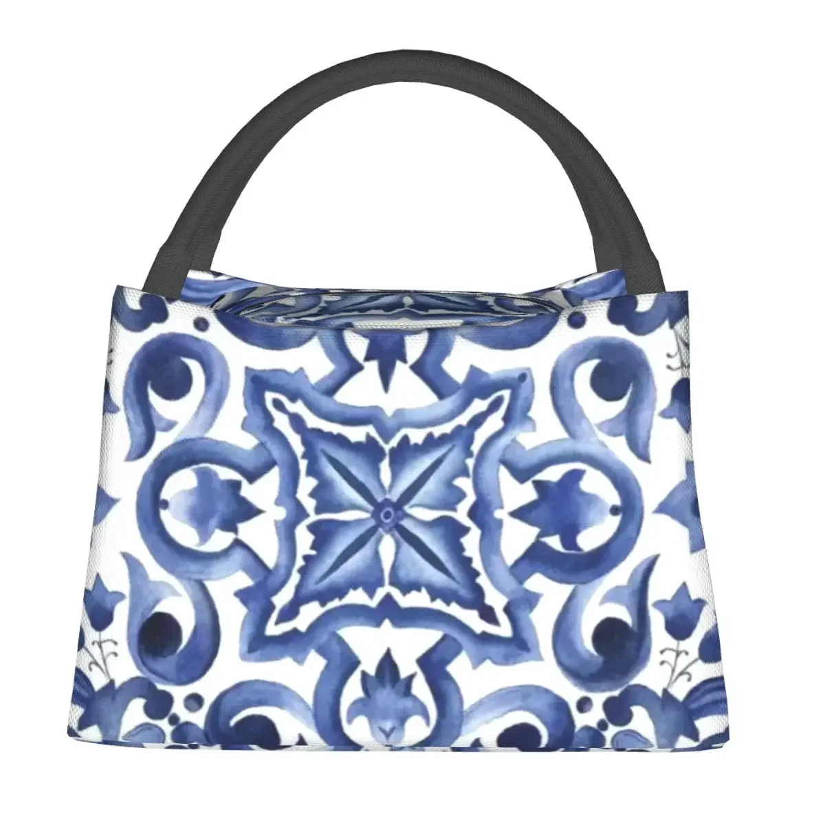 Blue Ornate Floral Mediterranean Sicilian Tile Lunch Bags Insulated Bento Box Portable Lunch Tote for Woman Children School