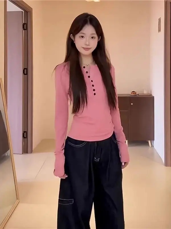 Gray Korean Style Long Sleeve Half Open Collar Slim Fit Women's T-Shirt Base Shirt Top for Autumn New Design Fashionable