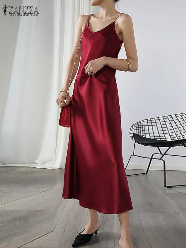 ZANZEA 2023 Stylish Party Dress Womens Summer Sundress Spaghetti Strap Split Maxi Vestidos Female V Neck Robe Oversize Dresses