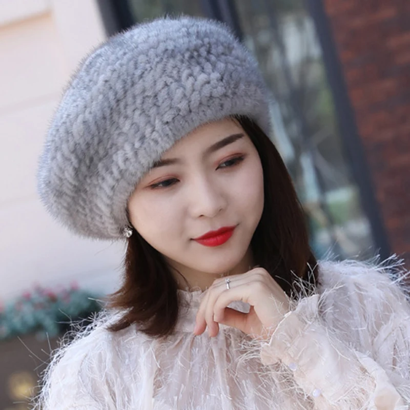 Real Mink Fur Berets Elegant Women\'s Winter Caps New Design Fashion Fur Hats Knitted Warm Natural Mink Fur Beanies Hat