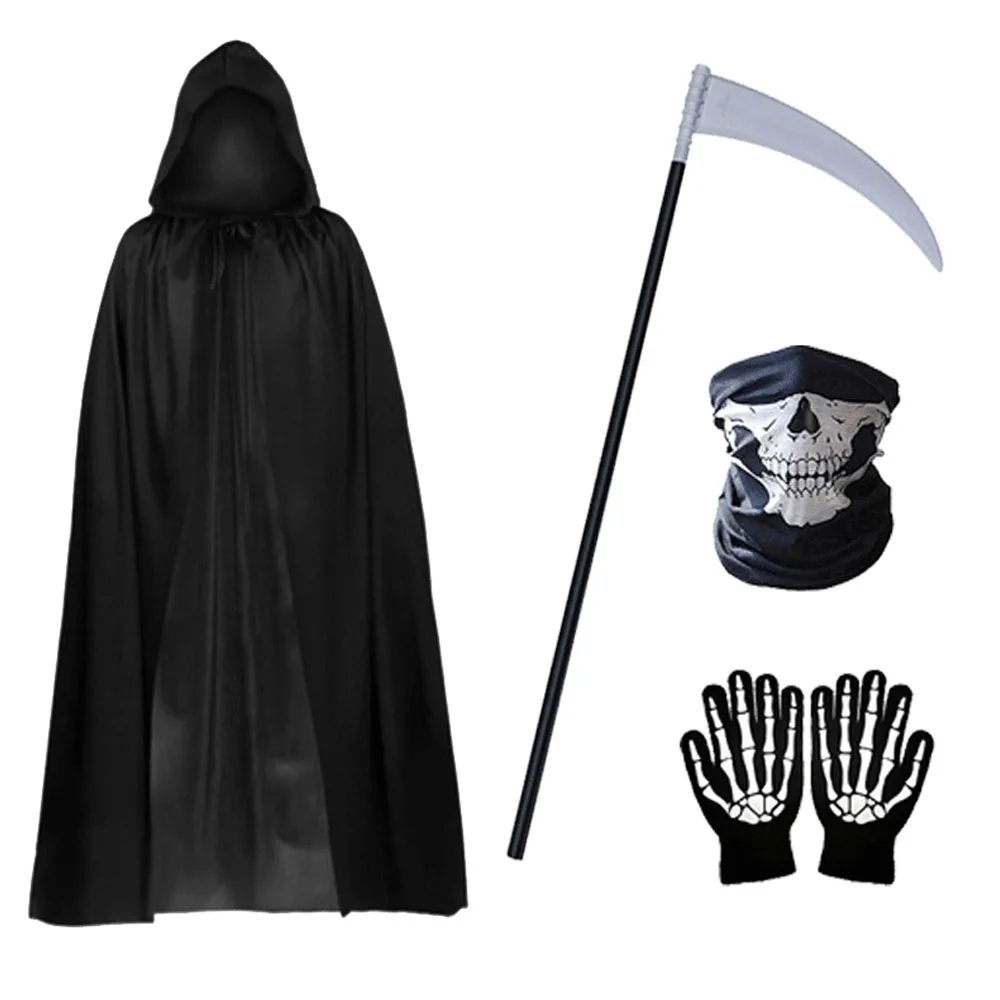 

Новинка, ужас, Хэллоуин, искусственная кожа, косплей, для детей и взрослых, черная накидка, Хэллоуин, череп, скелет, мяч, костюм, комплект аксессуаров