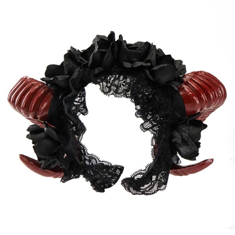 Steampunk Sheep Horn Headbands Gothic Lolita Red Demon Horns Retro Black Rose Headwear Cosplay Props Women Halloween Party Headd