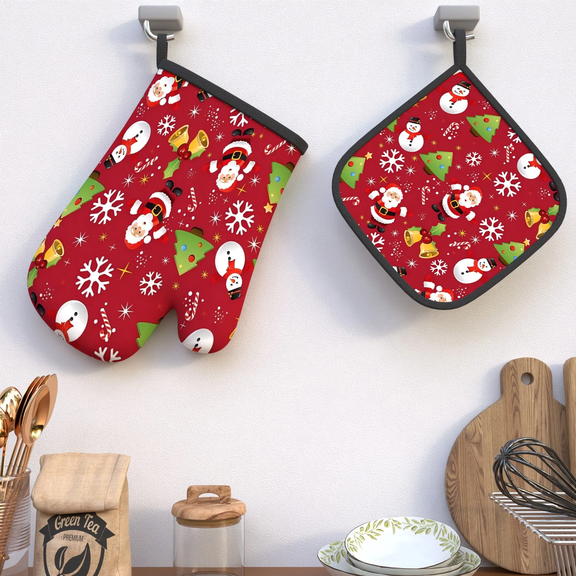 2pcs Heat-Resistant Oven Mitts & Potholders Suitable for Grilling, Baking, Broiling - Christmas Santa Claus Pot Holders