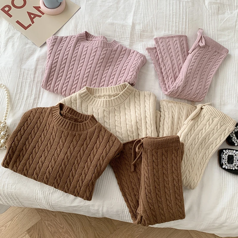 0-4Yrs Baby Clothes Sets Knitted Cotton Autumn Newborn Boy Girl Infant Clothing Tops And Pants Knitted Sweater Baby Pajamas Sets