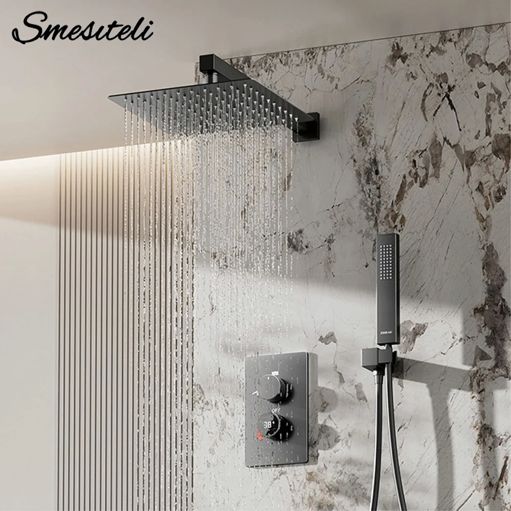 

Thermostatic Digital Display Shower Faucet 38 Degrees Adjustable Knob Hot and Cold Bathroom Tap 10 Inches Head Shower System Set