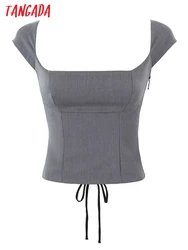 Tangada 2024 Women Gray Cotton Crop Shirt Backless Lace Up Female Sexy Tops Blouse 4D14