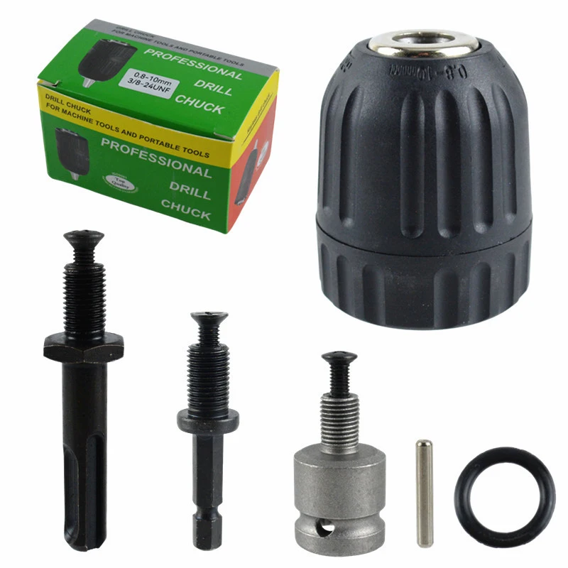 Keyless Drill Chuck 0.8-10mm 3/8-24UNF Hex Shank/SDS-Plus/Square Quick Grip Adapter Chuck for Drill Bit Screwdriver Tap&Socket