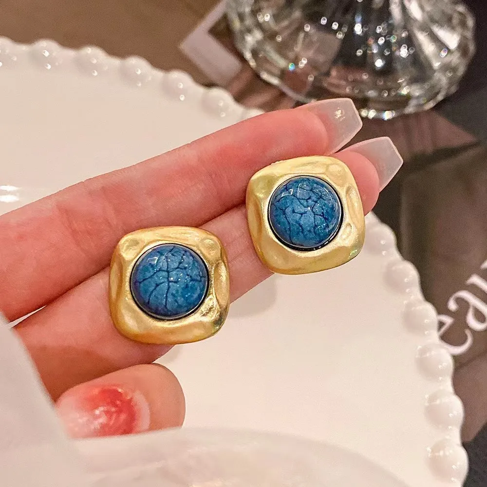 French jewelry Vintage Simple Blue Stone Square Stud earrings for women Vintage jewelry Accessories