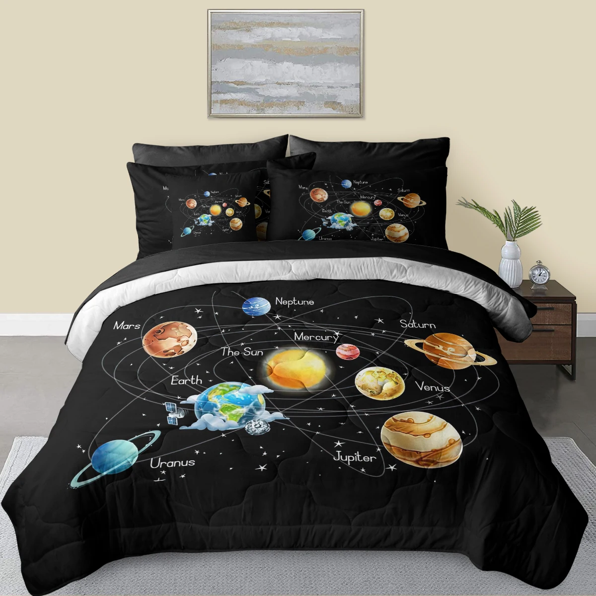 8 Pcs Solar System Astronomical Bedding Set Outer Space Bed in A Bag with Comforter and Sheets Bedroom Set