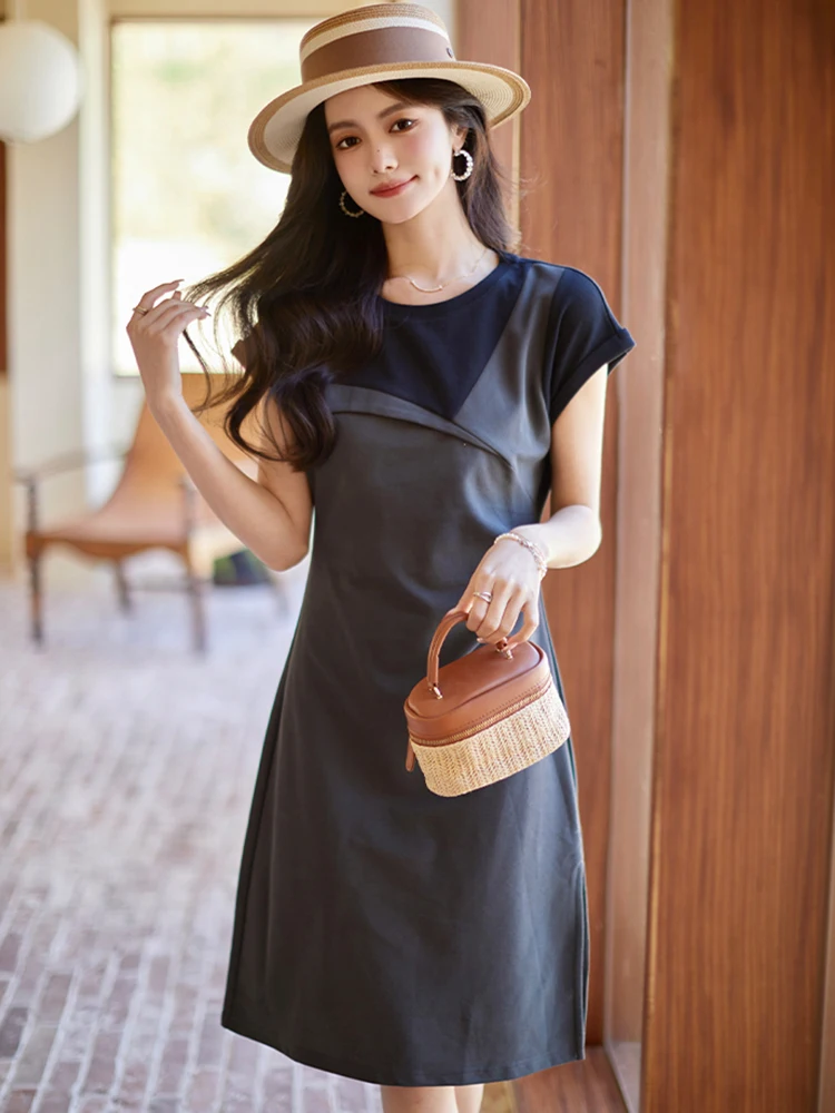 2026 Chic Patchwork Short Sleeve Casual Midi Dress Women Elegant Bodycon Home Dress Summer Korean Fashion Fesitval Evening Dress