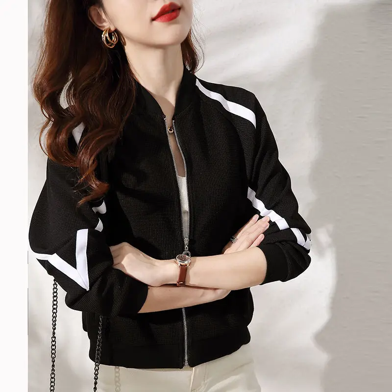 Chaquetas de béisbol de estilo coreano para mujer, abrigo informal de manga larga, Color de contraste, bolsillos simples, ropa de abrigo con cremallera, primavera y otoño