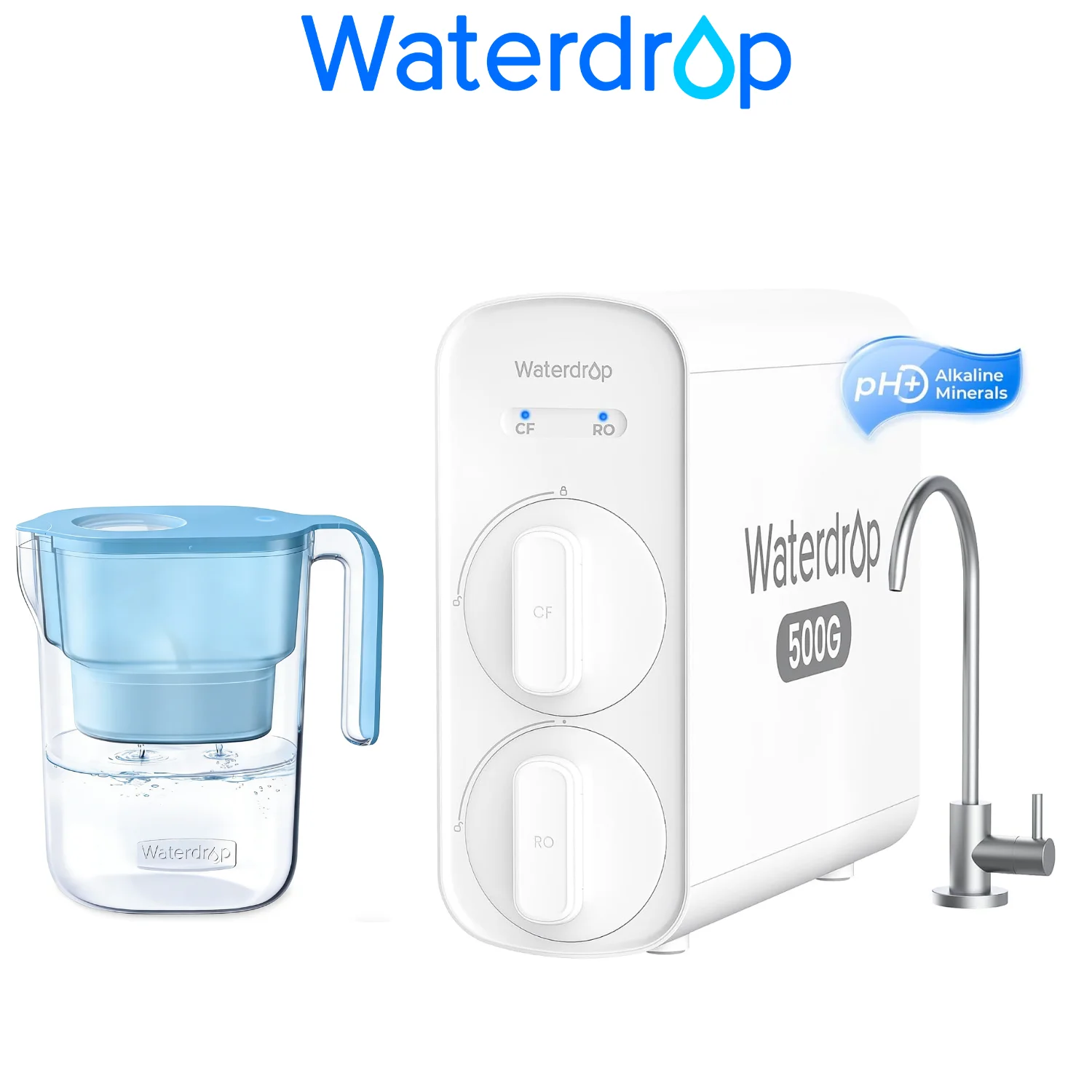 

Waterdrop G5P500A Alkaline Mineral pH+ Reverse Osmosis Water Filter, Including Waterdrop Water Filter Pitcher with 1 Filter
