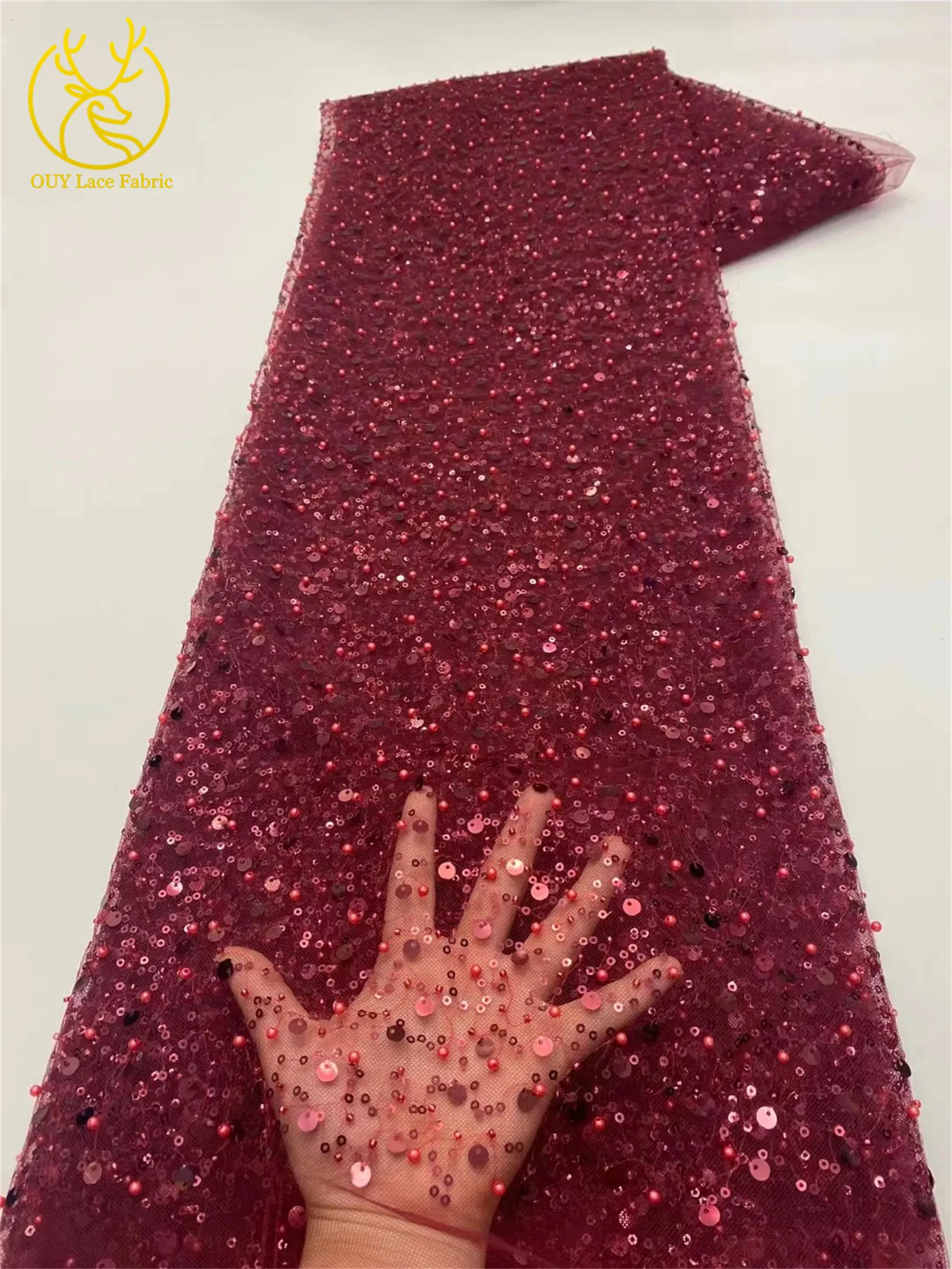 Rosa afrikanischer Tüll-Spitzenstoff mit Pailletten, 5 Yards, hochwertige nigerianische Perlen-Mesh-Spitze für Brautkleider, Hochzeitsfeiern und Näharbeiten. – Detail 13