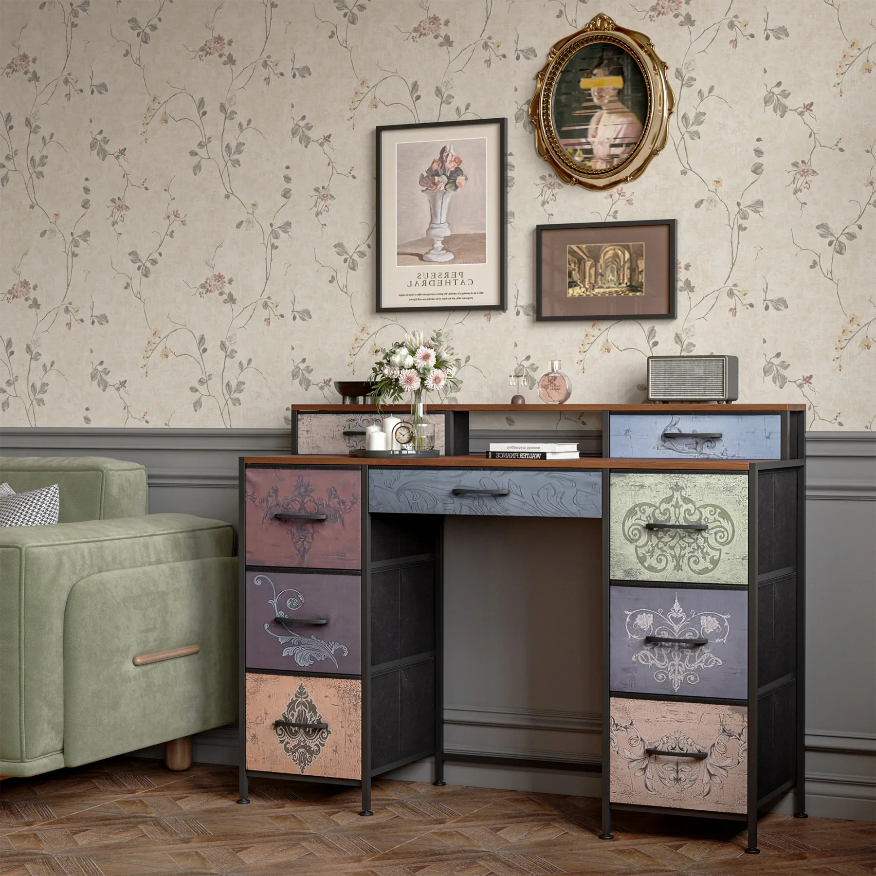 طاولة زينة Rosahqnda مع 9 أدراج، خزانة ذات أدراج، خزانة ذات أدراج قماشية، إطار معدني، أدراج قماش 121x40x91.2 سم