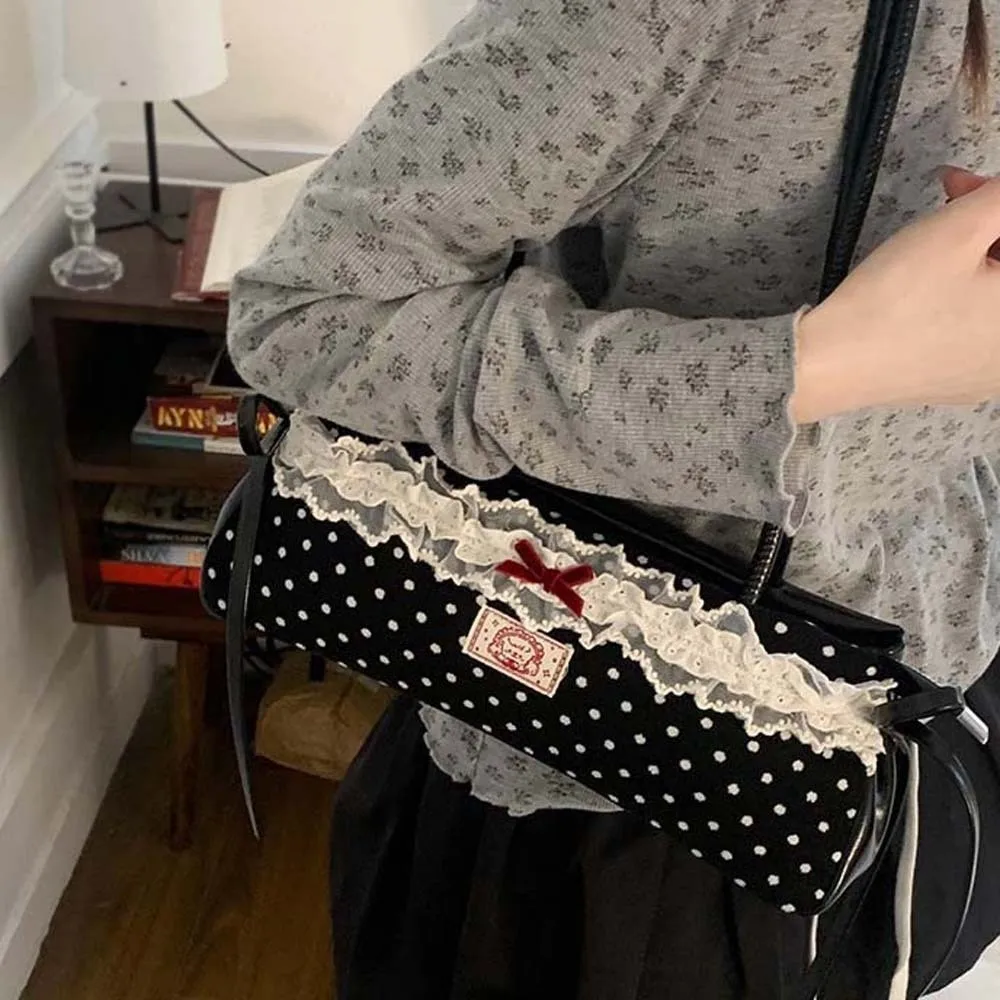 

Shopping Sweet French Stick Handbag Bow Lace Polka Dot Underarm Bags Korean Style Large Capacity PU Shoulder Bag Daily