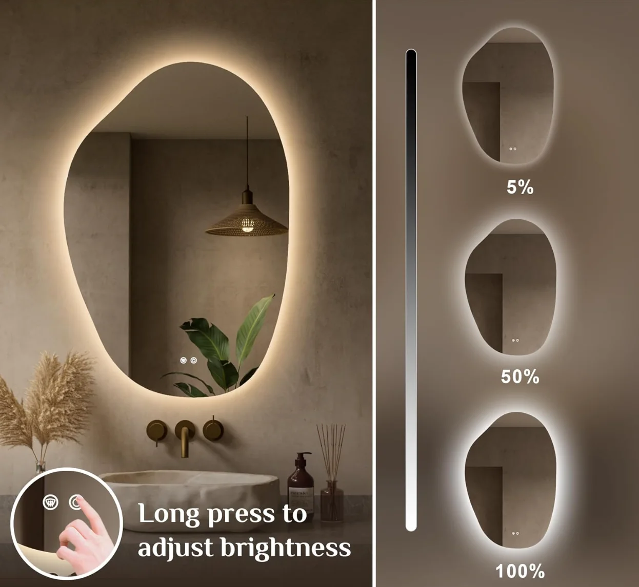 Modern backlit LED bathroom mirror 24x36 tempered glass, coated mirror, stepless dimming 3 colors, anti-fog, touch control