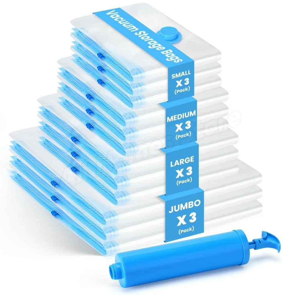 Sacs de scellage de stockage sous vide réutilisables, 12/20 pièces, avec pompe à main, sac sous vide transparent pliable et compressé permettant de gagner de l'espace pour vêtements de voyage