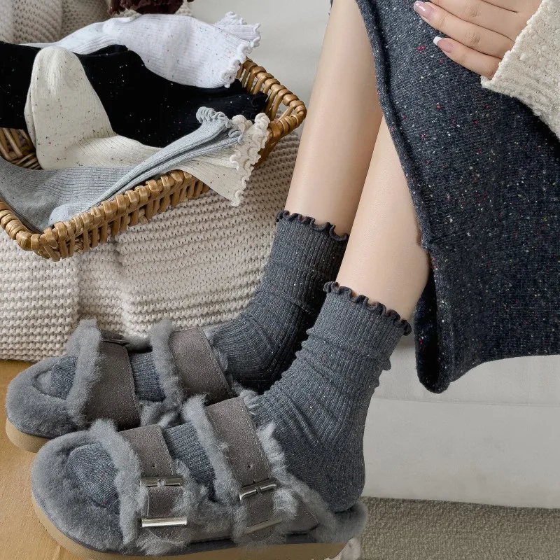 

Woman Socks Autumn Winter New Solid Color Retro Frilly Ruffle Socks Female Casual Daily Preppy Style Japanese Crew Socks Girls