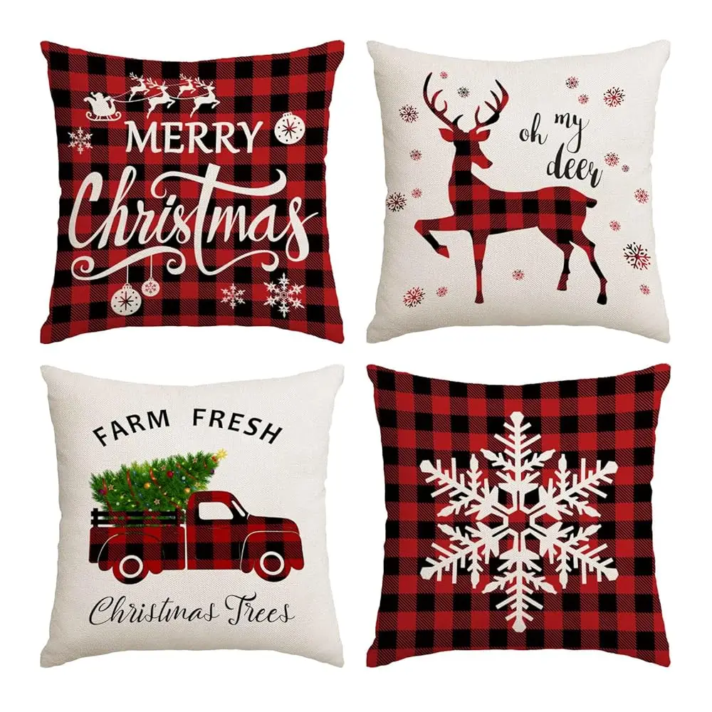 

Christmas Pillow Covers 20X20 Set Of 4 Red Green Xmas Decorative Throw Pillows Christmas Tree Deer Santa Pillow Cases Home