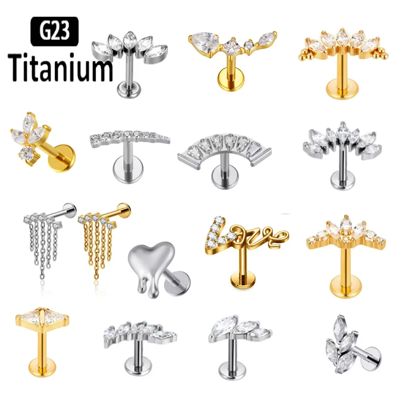 ASTM F136 G23 Titanium Piercing Love Chain Labret Stud Flower Moon Daith Earring Internal Thread Cartilage Lip Ring Body Jewelry