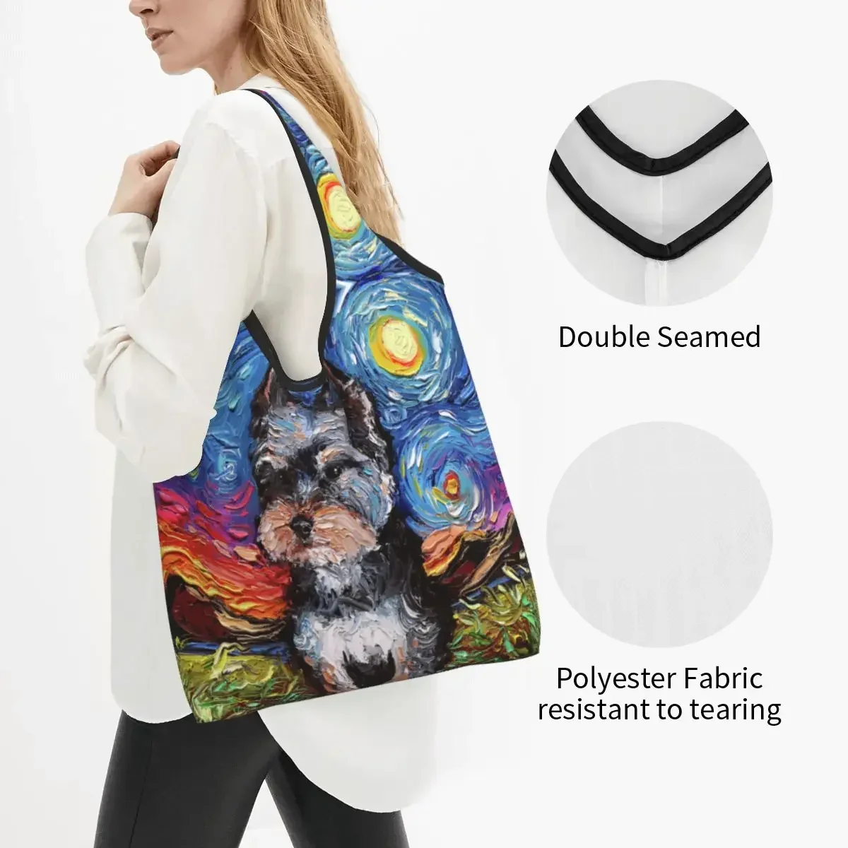 Cute Printing Starry Night Yorkshire Terrier Tote Shopping Bag Portable Shoulder Shopper Yorkie Dog Handbag