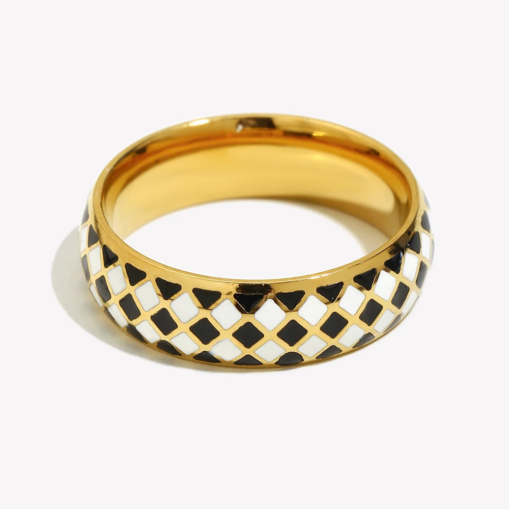 E.B.belle Stal nierdzewna Fine Polished Small Black White Enamel Checker Ring Tarnish Free Woman New Y2K Jewelry Black Ring