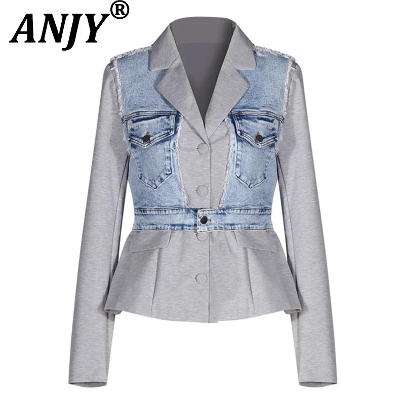 Anjy outono inverno novas mulheres high-end denim retalhos tendência blazer moda design exclusivo fino ajuste versátil jaqueta casual a13838