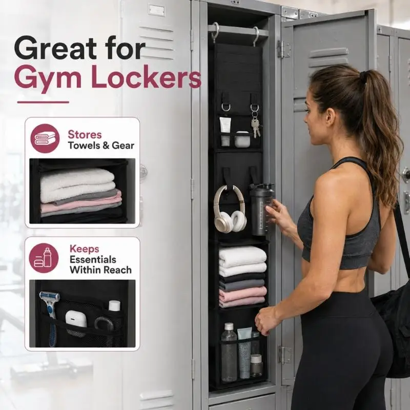 Hanging Closet Shelves with 3 Open-Front Levels, Side Pockets and Front Accessory Holders for Clothing, Towels, Bags, and 37JD