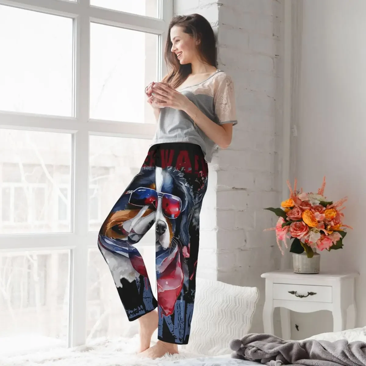 Custom Bernese Mountain Dog Women Pajama Pants Lounge Sleep Sleepwear Bottoms with Pockets - view 3