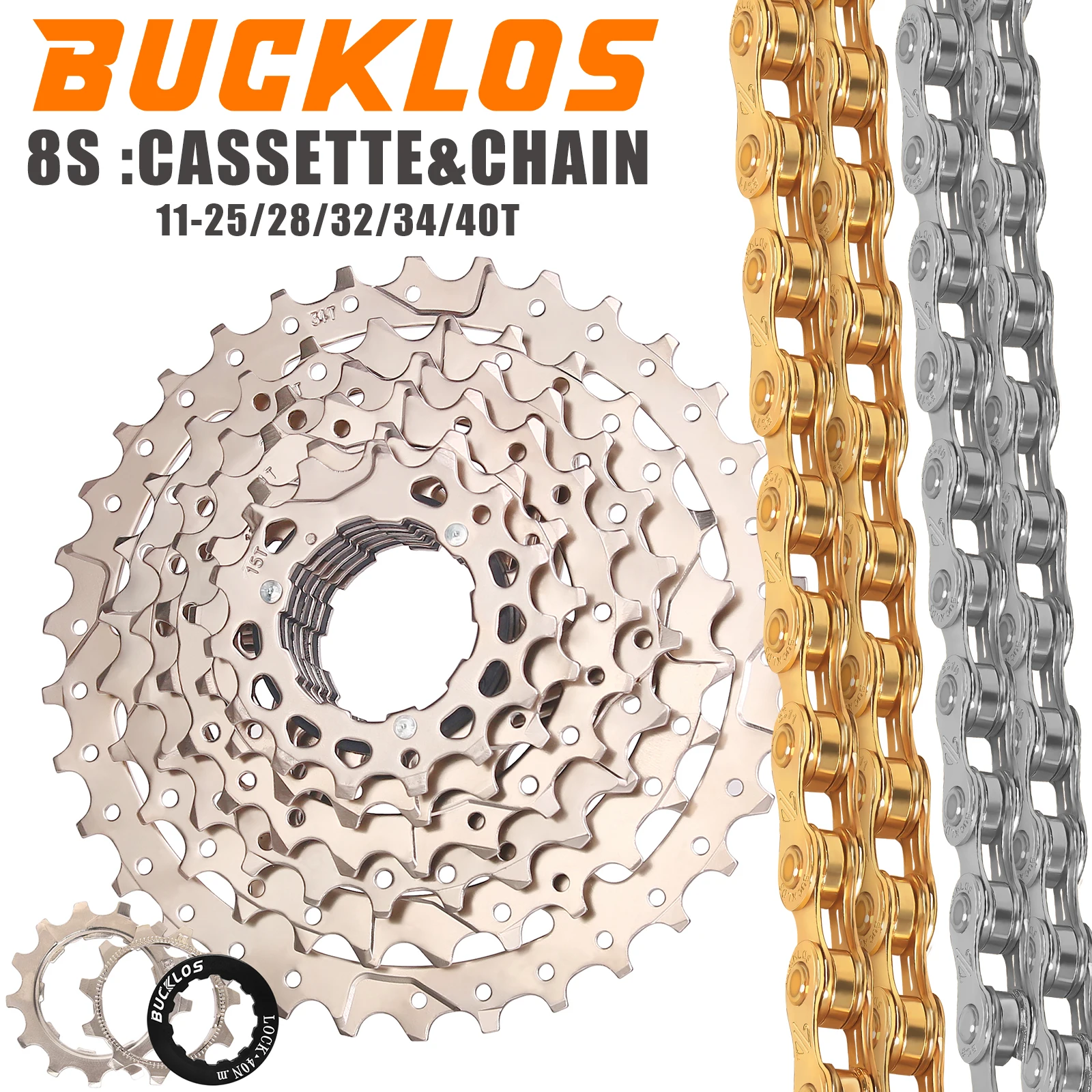 BUCKLOS K7 8 Speed Bicycle Cassette HG Road Mountain Bike Cassette 25T 28T 32T 34T 40T Bicycle Chain 8V Road MTB Current