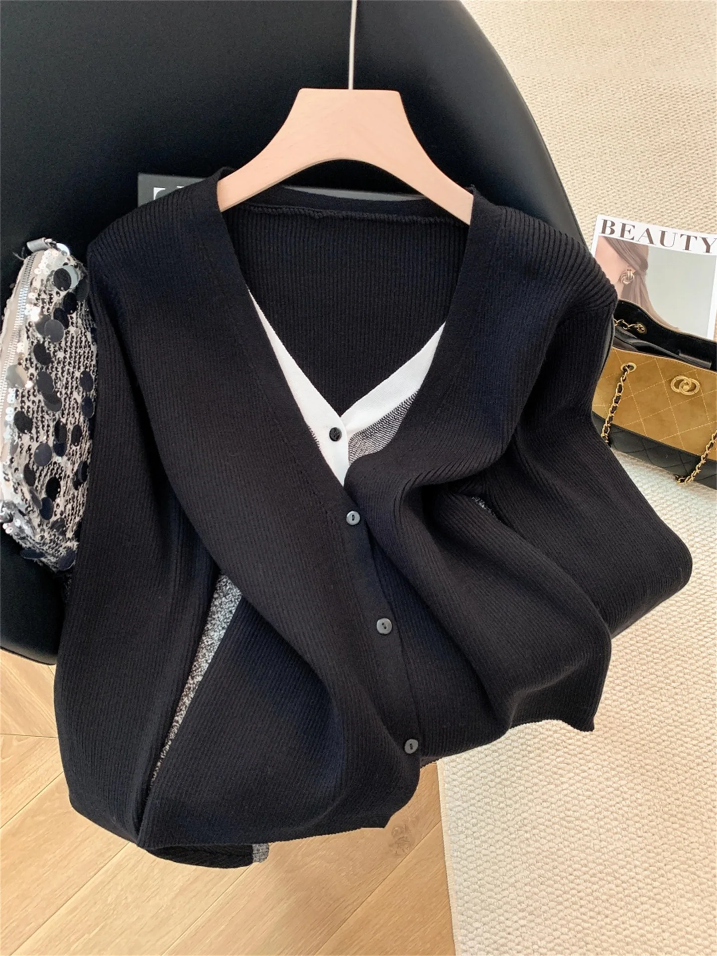 

Женский вязаный свитер-пальто Laid-ba Sle с эффектом двухслойности, осенне-зимний, для ношения под одеждой, комфортный крой, V-образный вырез, длинный рукав, шелк