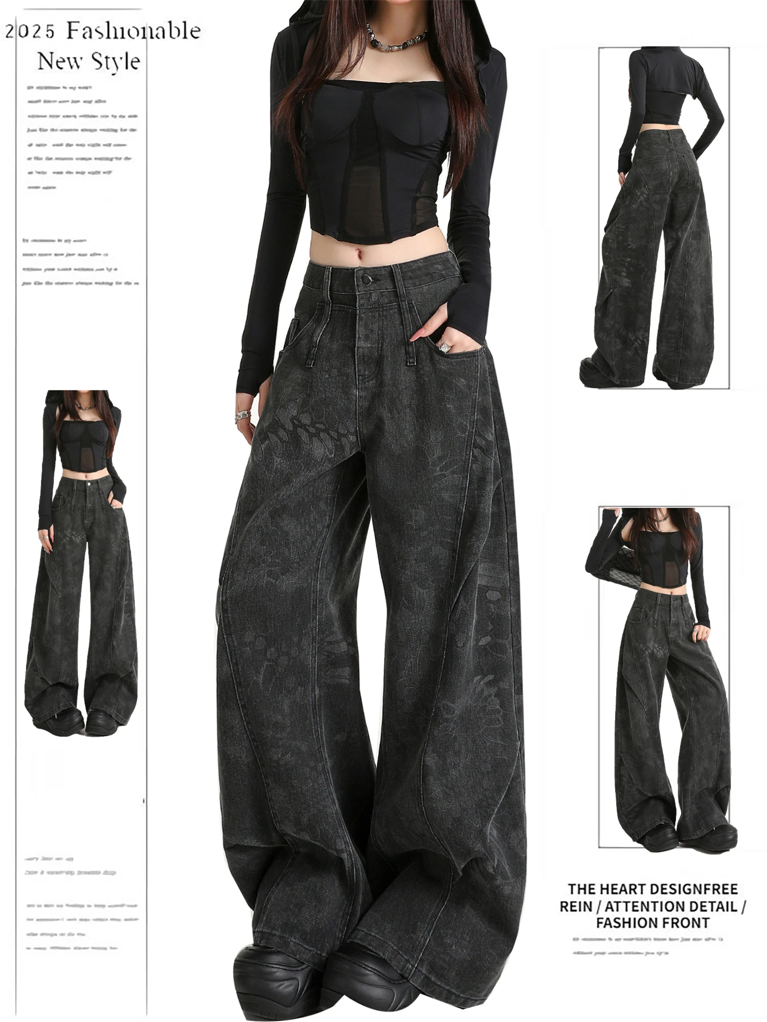 Celana Jeans Wanita Y2K Pinggang Tinggi Model Kaki Lebar Hitam Motif Subtil Gaya Gothic Streetwear Longgar