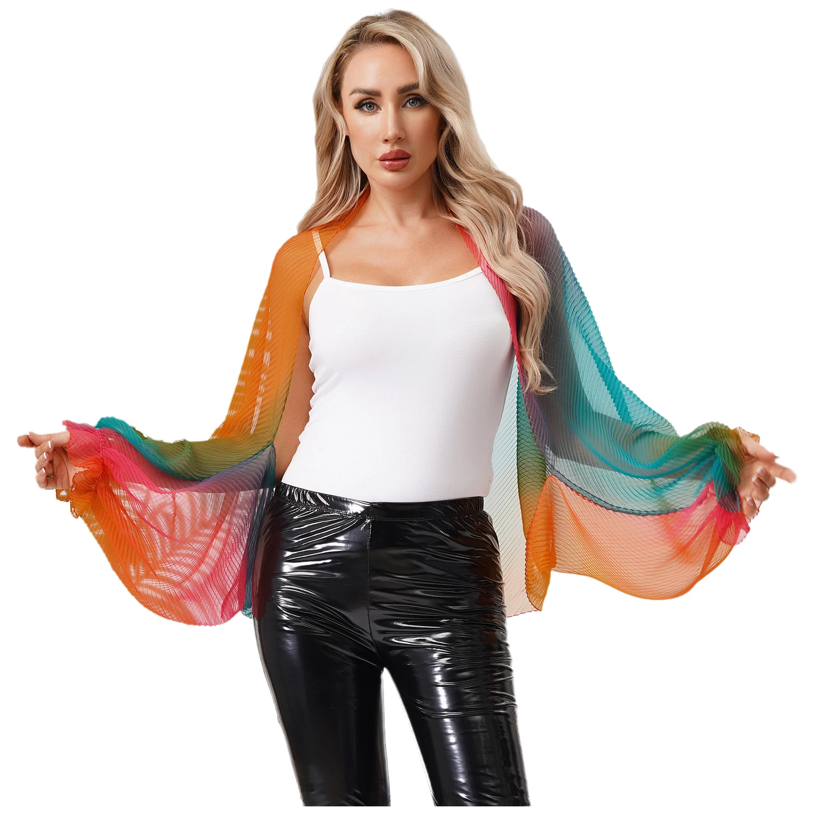 Womens Gradient Rainbow Color Shrug Shawls Ruffled Long Sleeve Open Front Pleated Cardigan Bolero Sun Protection Cover Up Scarf