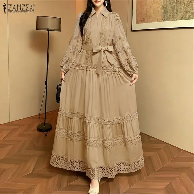 ZANZEA Modisches Damenkleid mit Spitzen-Patchwork, A-Linie, langes Maxikleid, einfarbig, Streetwear, Gürtel, Vestidos, Umlegekragen, OL Sommerkleid