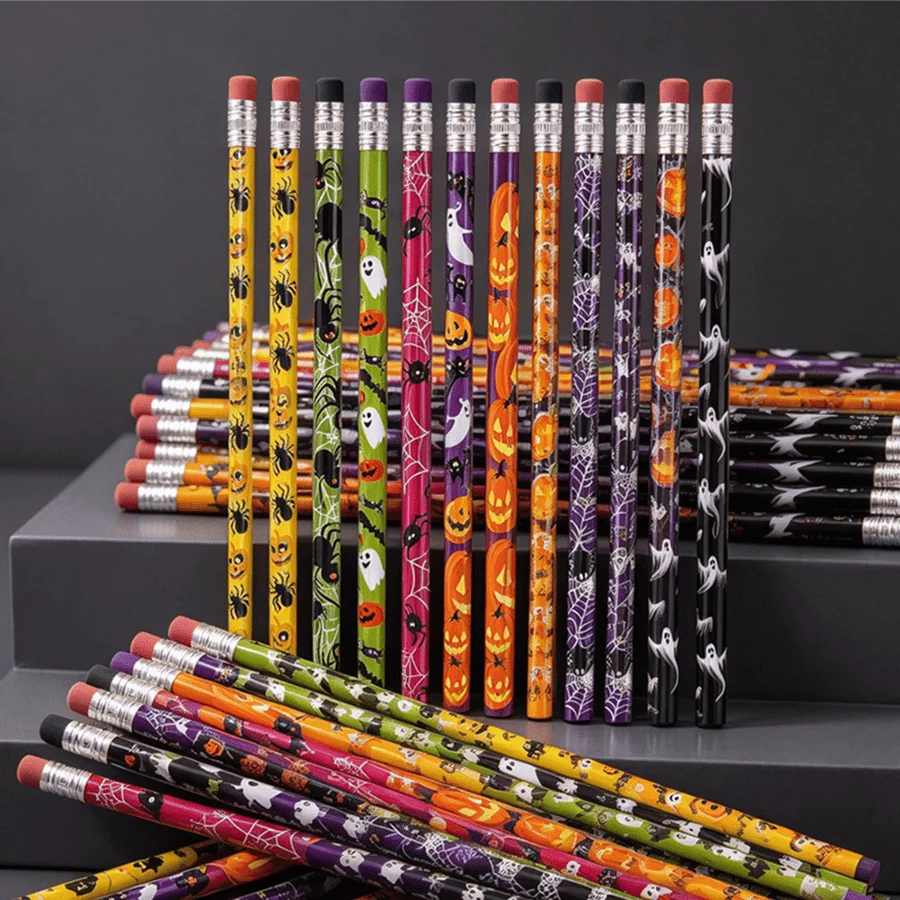 6/12/36pcs Halloween Wooden Pencils Cute Ghost Pumpkin Bat Pattern Writing Pencils Classroom Prizes Party Favors Trick Or XJM