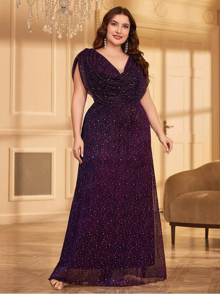 Plus Size V Neck Purple Polka Dot Shiny Evening Dress 4xl 5xl Big Size Big Size Sleeveless Banquet Party Evening Dress Women