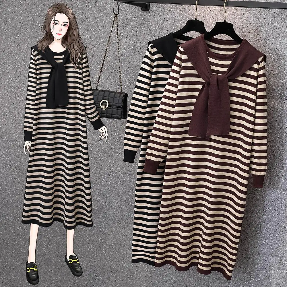 Autumn Winter Elegant Knit Long Dresses For Women 2023 Female Large Size4XL Casual O Neck Black Coffee Stripe Party Vestido Robe